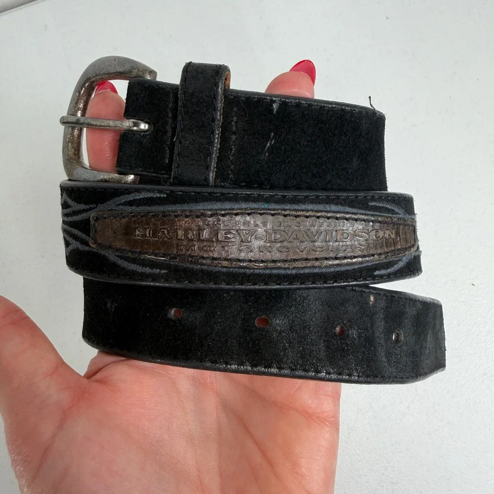 Harley Davidson Sz M Belt Suede Leather Biker Logo Solid Brass 97512-00VW Black